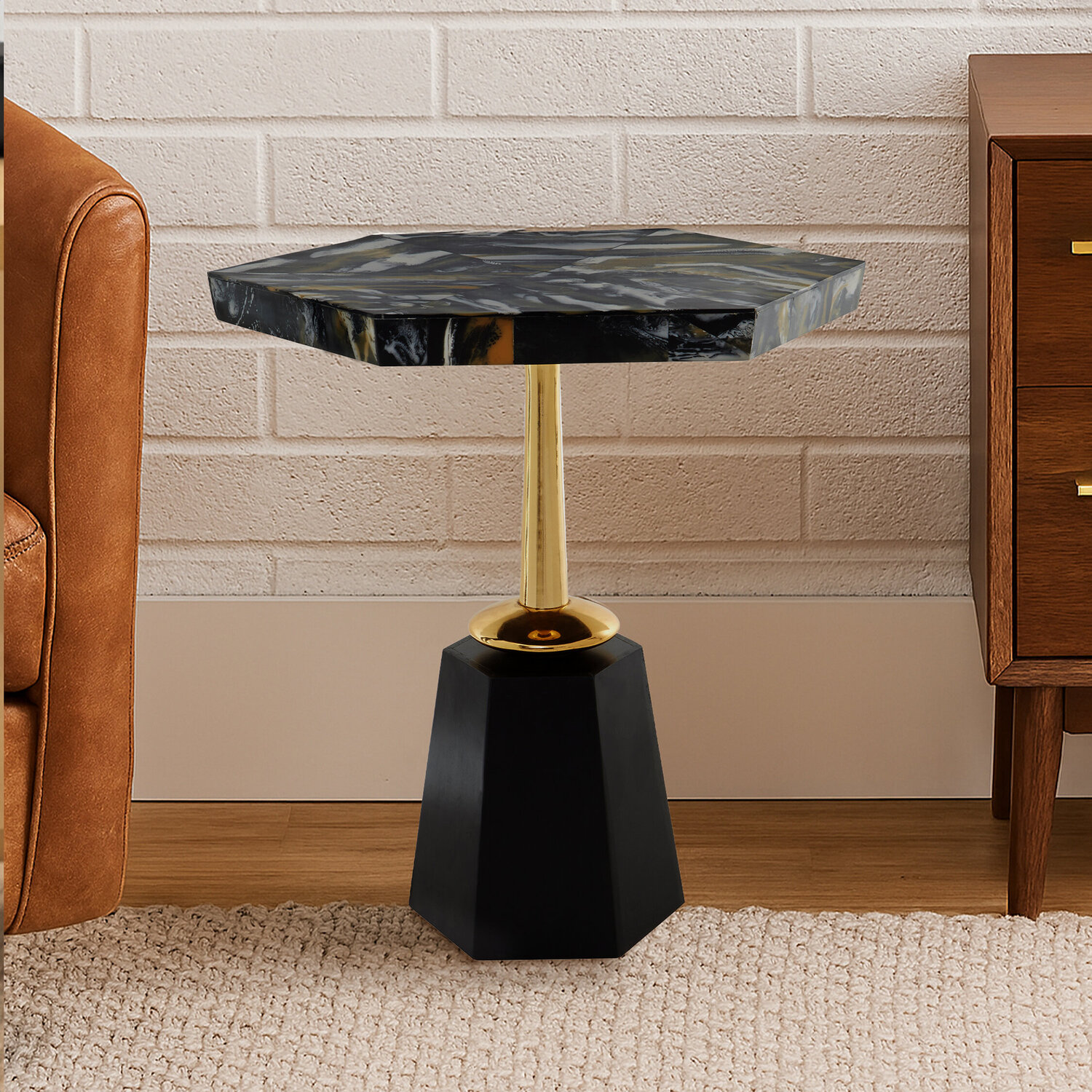 Odell Hexagonal Horn Top Side Table - Black