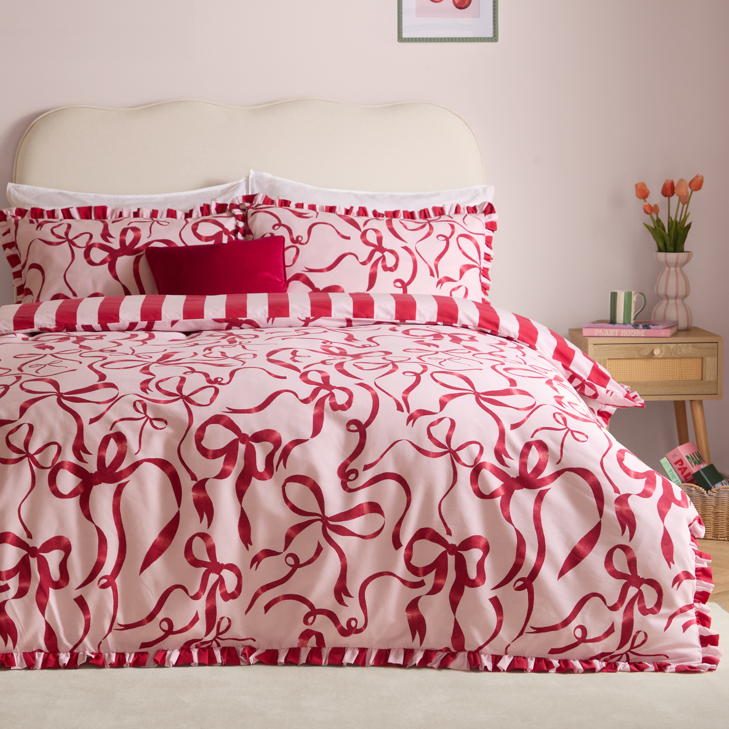 Furn Lavie En Bows Reversible Duvet Cover Set, Single, Pink/Red, Pink - Image 4