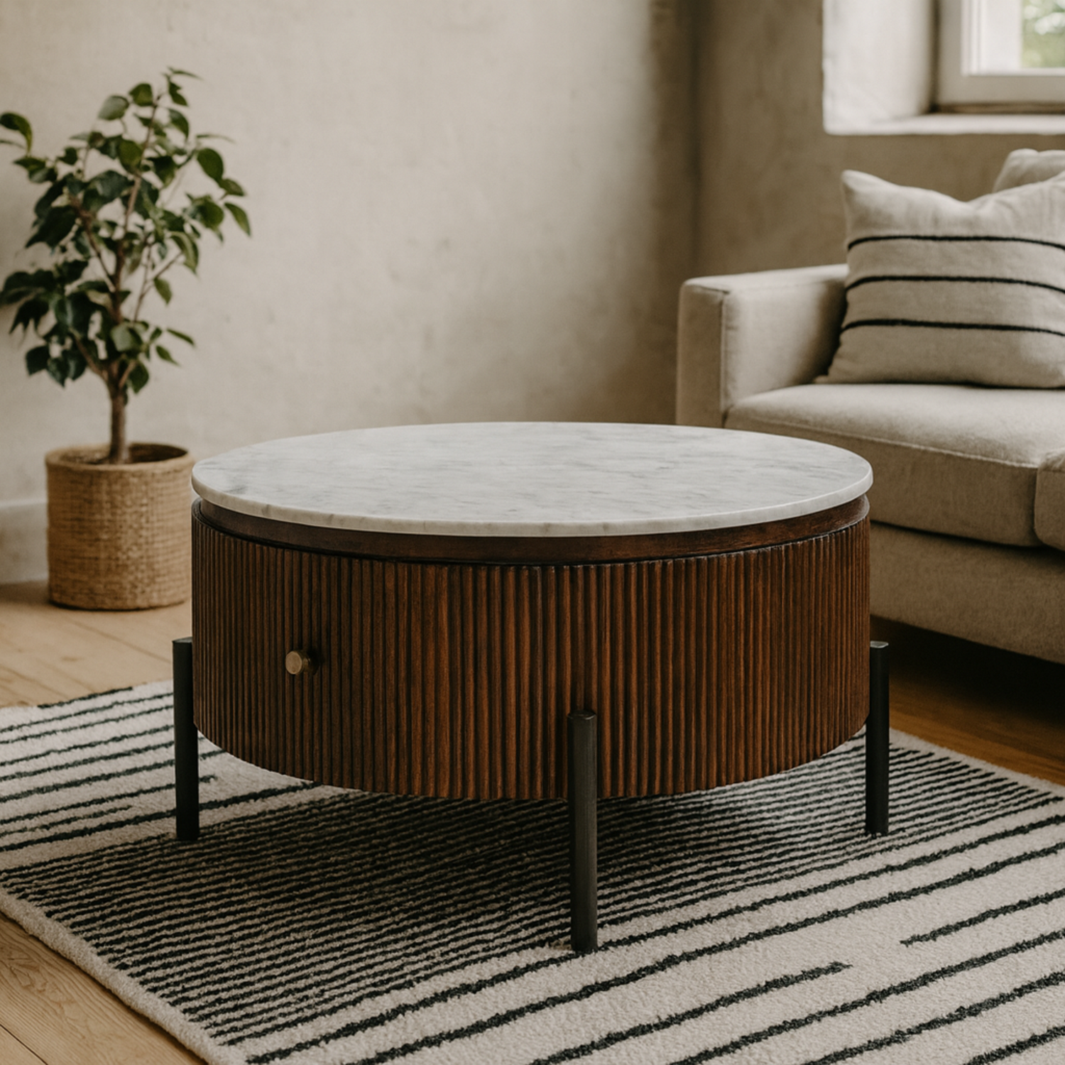 Alabama Fluted Mango Wood Coffee Table with Marble Top - Brown