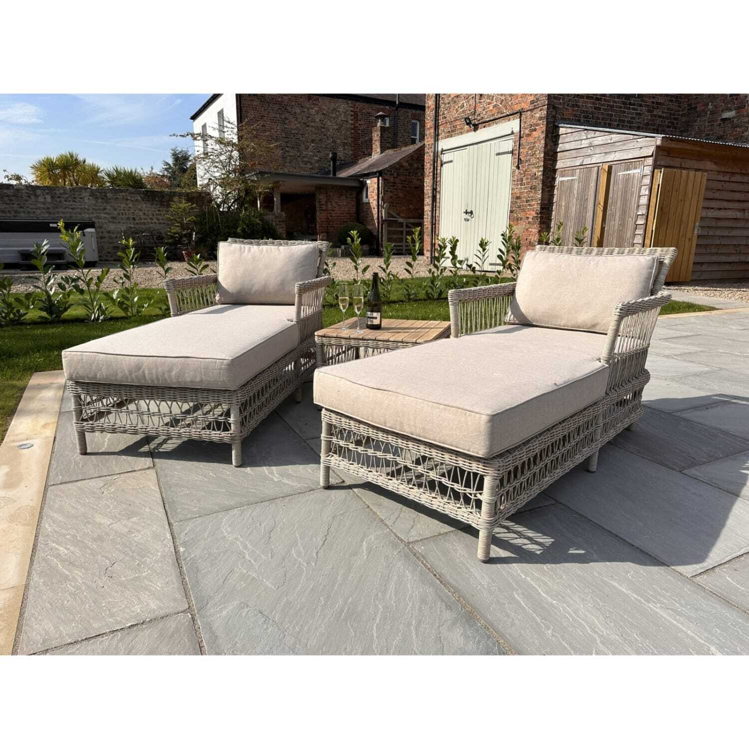 Santorini Wicker Sun Lounger Set 2 Chaise Loungers with Side Table - Beige