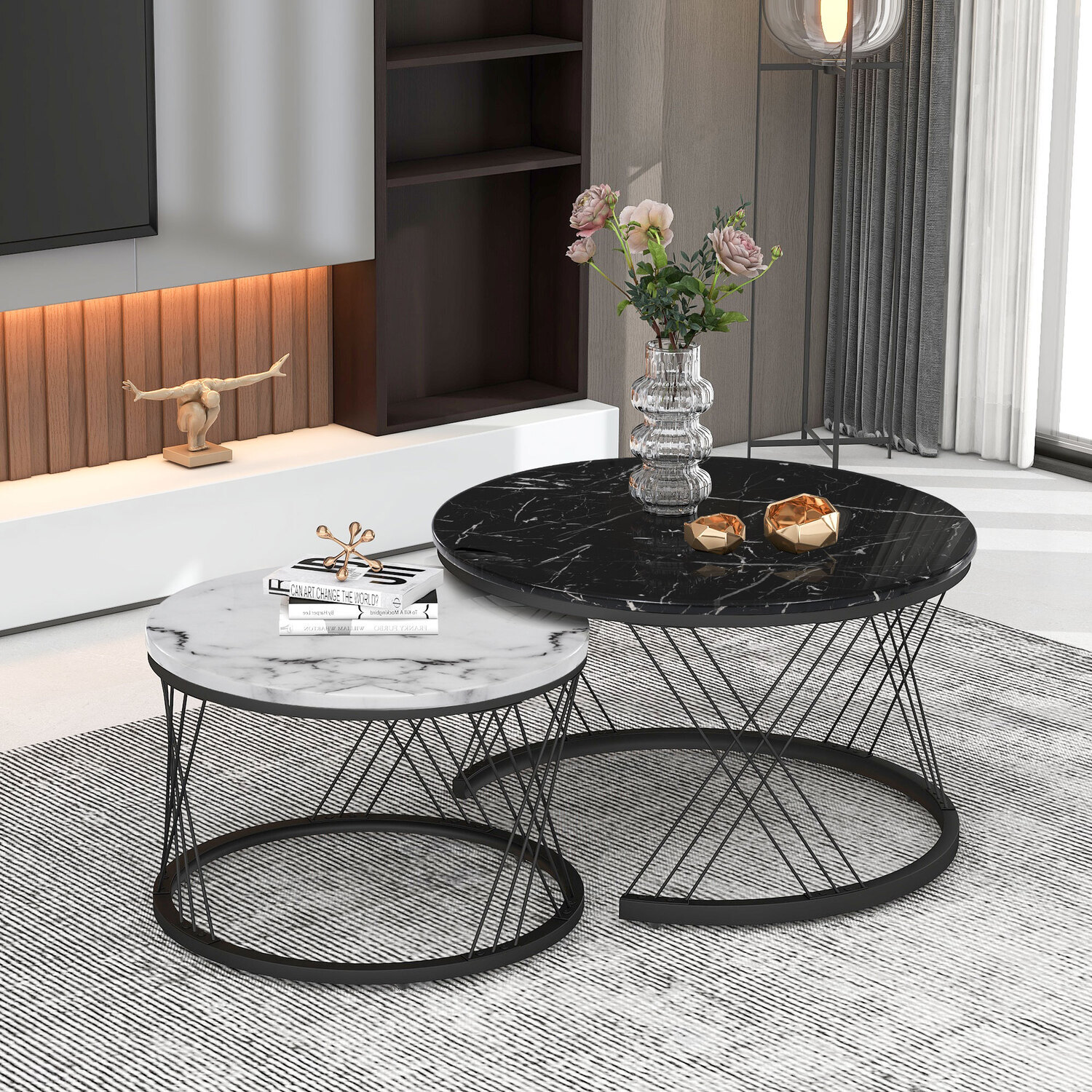Set of 2 Modern Marble Design Round Coffee Table Side Table