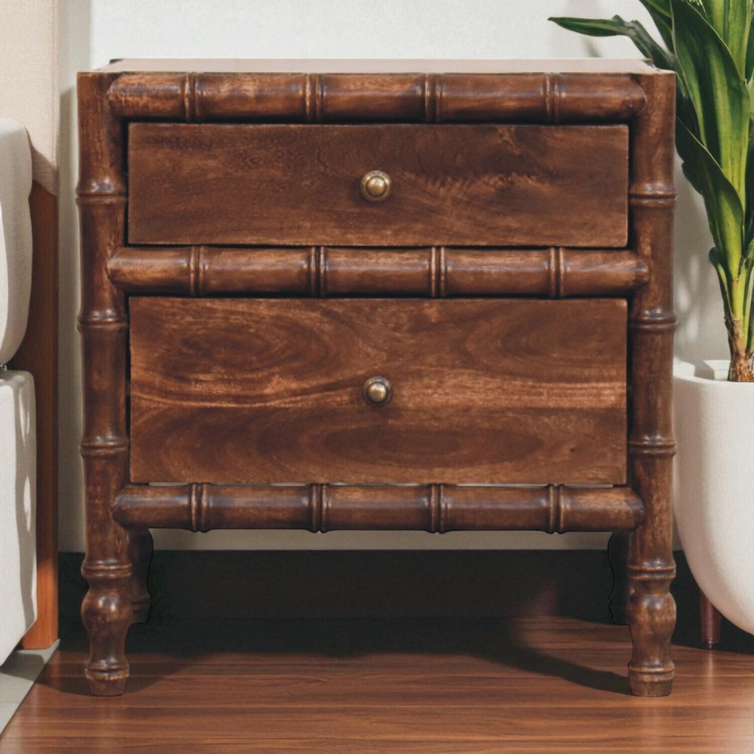 Solid Wood Bamboo Frame Nightstand in Roasted Almond - Brown