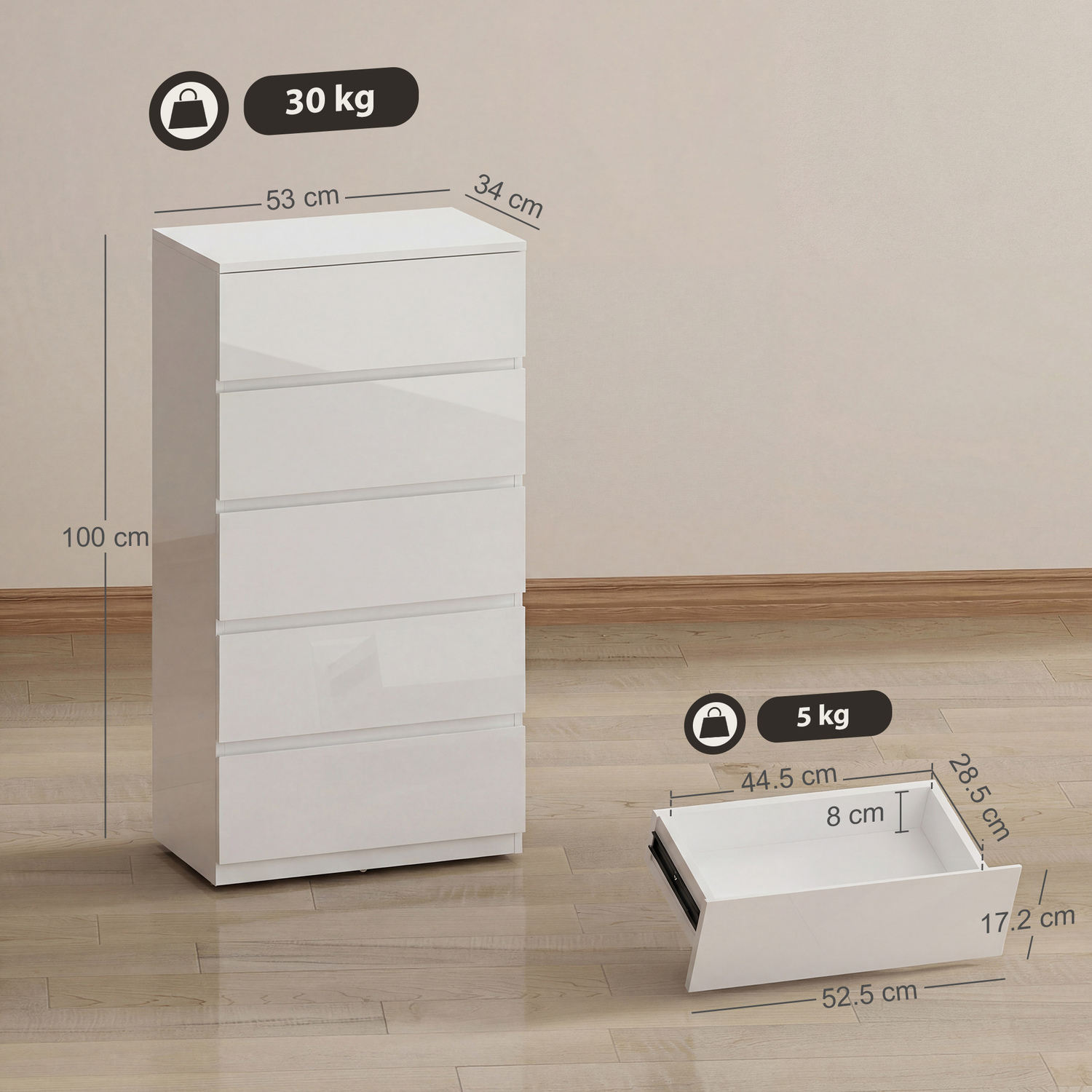 Homcom Bedroom Chest Of Drawers, 5 Drawers Dresser, Drawer Unit, White - White