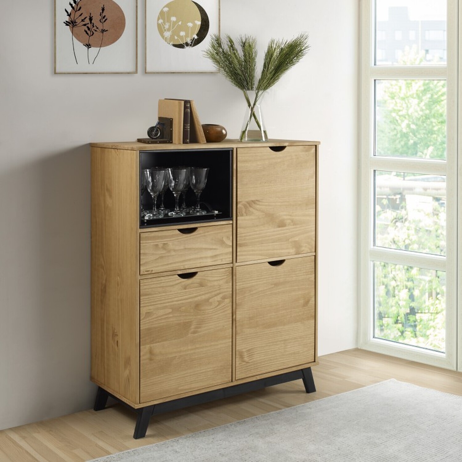 Scandian Sideboard Cabinet Solid Wood Pine Wooden Drinks Cupboard - Antique Wax