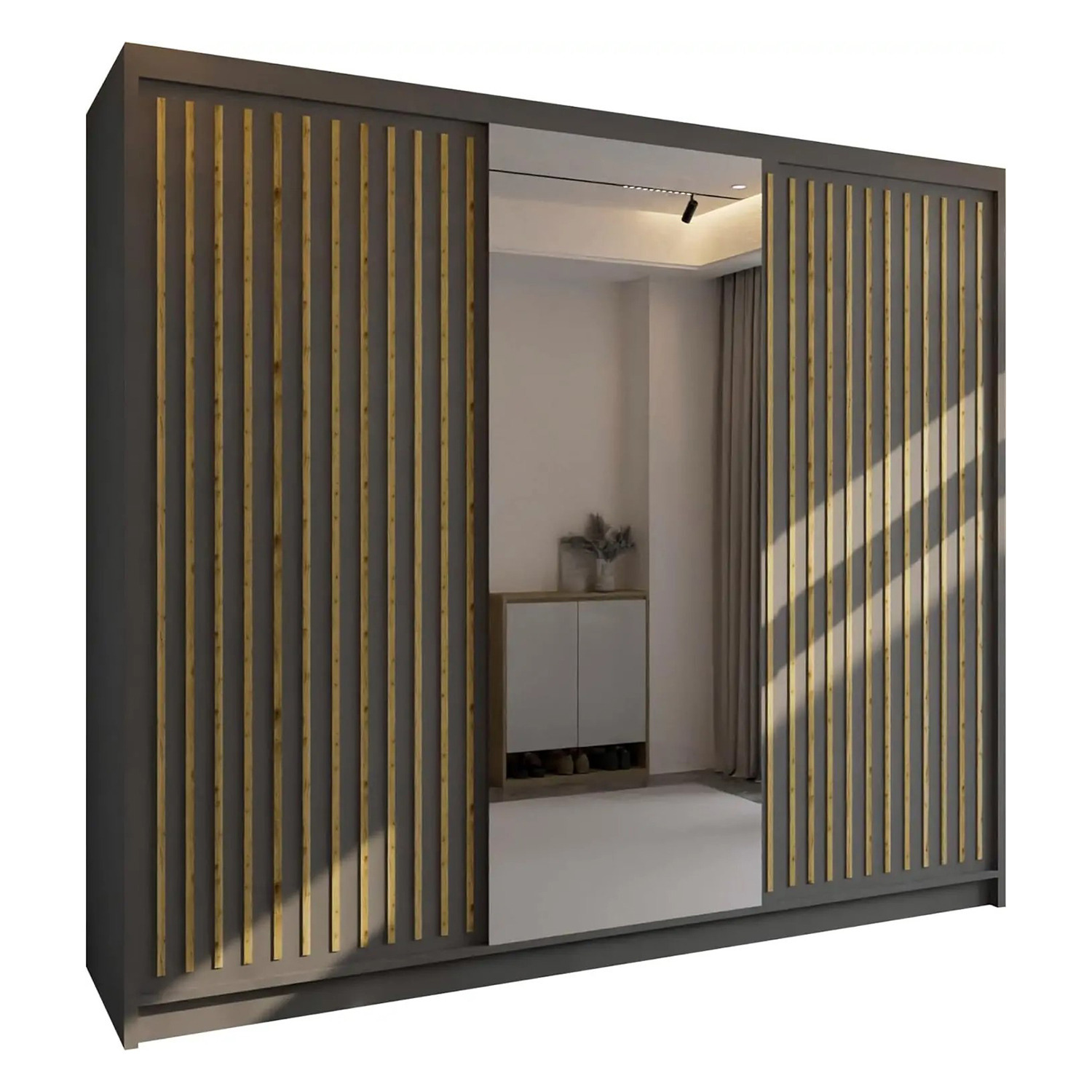 Sliding Wardrobes 4U London Sliding Wardrobe With Mirror Door & Strip Design, Space Saving Sliding Door Wardrobe With Shelves & Hanging Rail - Grey/Oak 250Cm