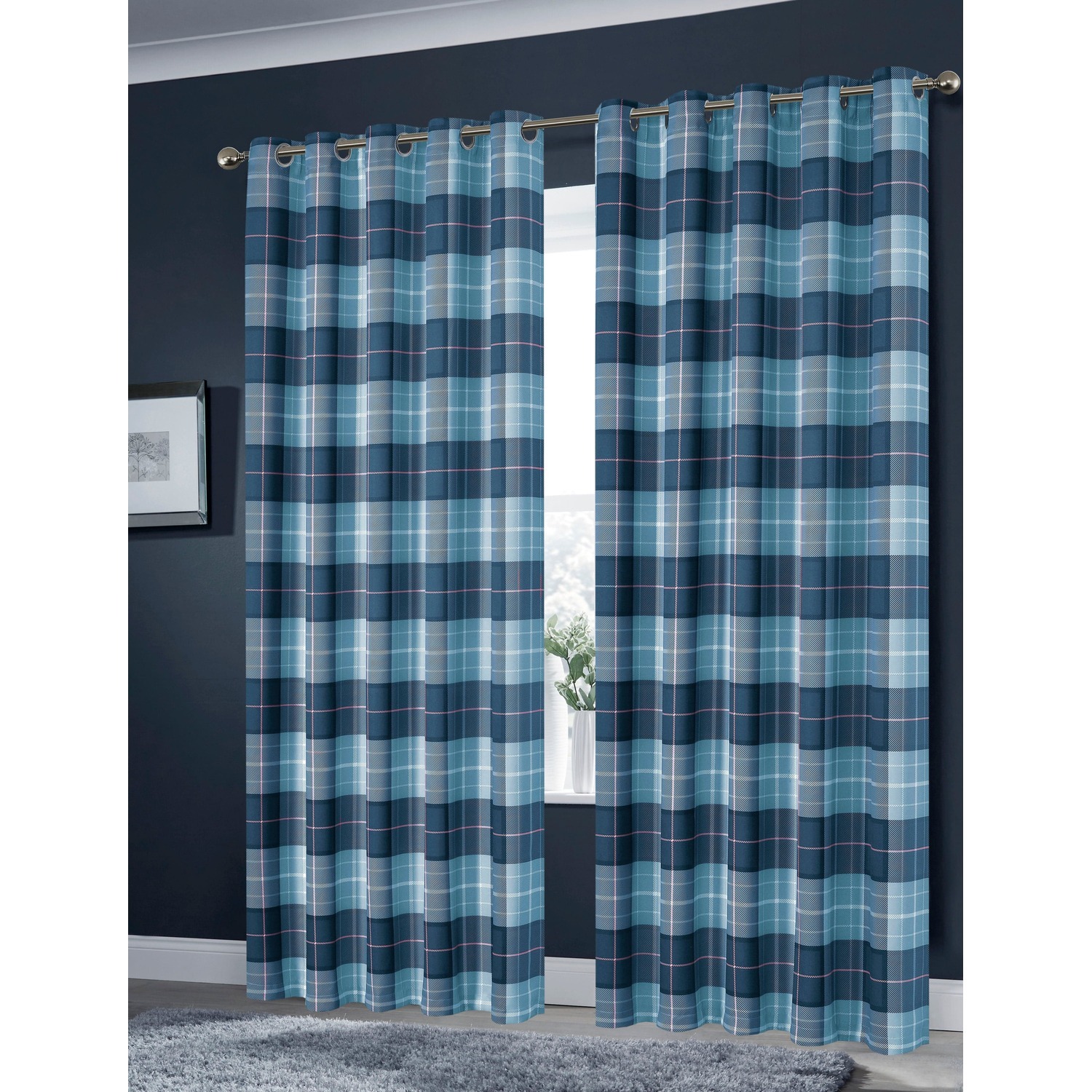 Printed Check Curtains - Teal / 167cm / 183cm
