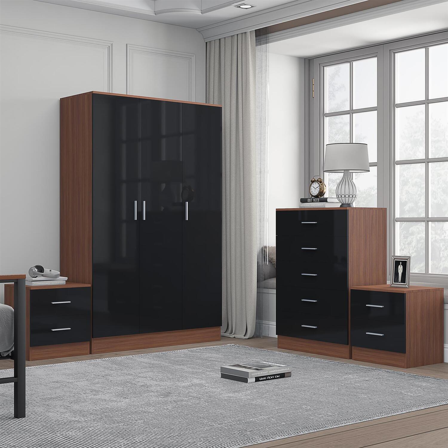 REFLECT 3dr Plain Wardrobe + 5 Drawer Chest + 2x Bedsides - Black/Walnut - Image 6