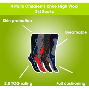 4 Pack Boys Long Knee High Wool Blend Ski Socks