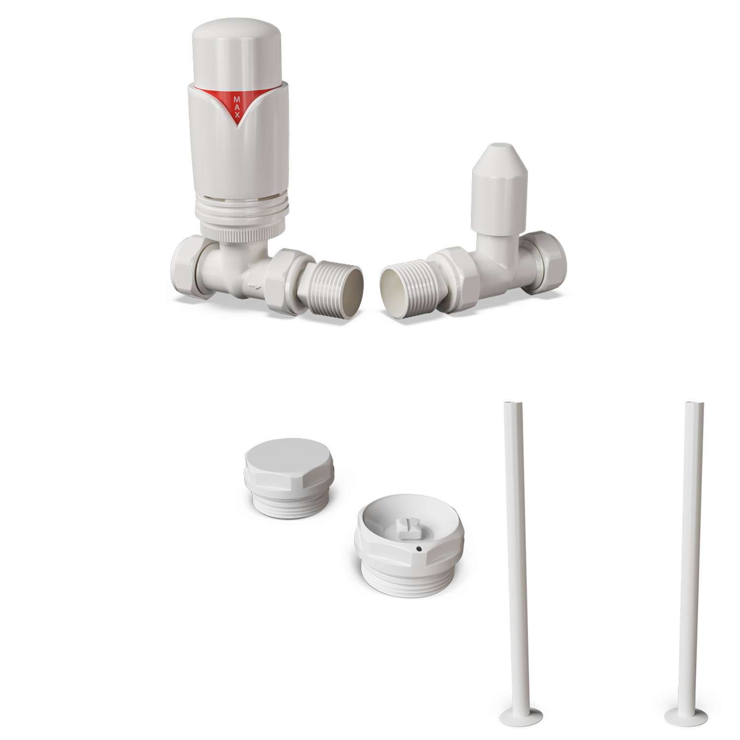 Uk Radiators Derry Bold - Thermostatic Radiator Valve & Installation Kit - White Straight - White / 118Mm / Trv Valve, Lockshield, Bleed Valve, 300Mm Pipe Covers A