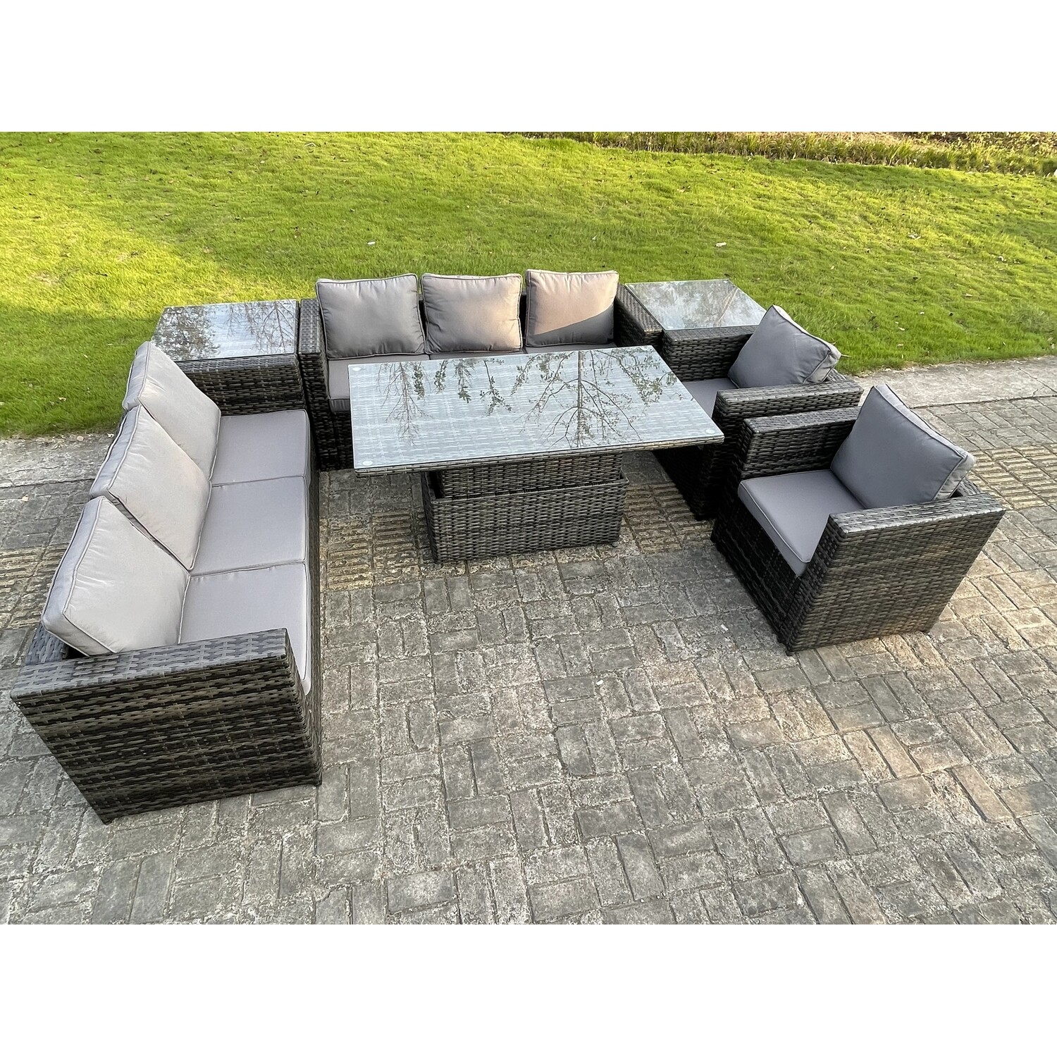 Rackhams Dark/Grey 8 Seater?Outdoor Rattan Garden Furniture Adjustable Rising Lifting Table Armchairs Mixed - Image 2