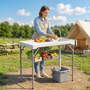 Outsunny Folding Fish Cleaning Table with Sinks, Camping Sink Table