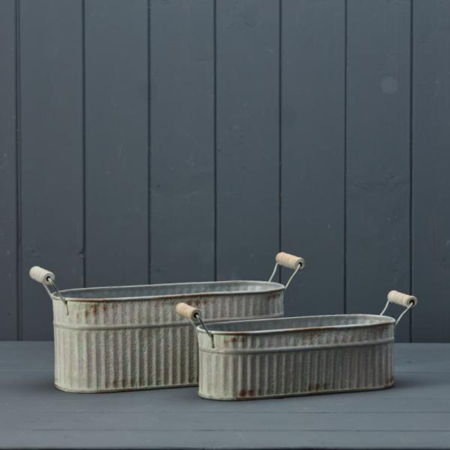 KDMD Set of Two Vintage Whitewashed Oval Zinc Troughs in Grey