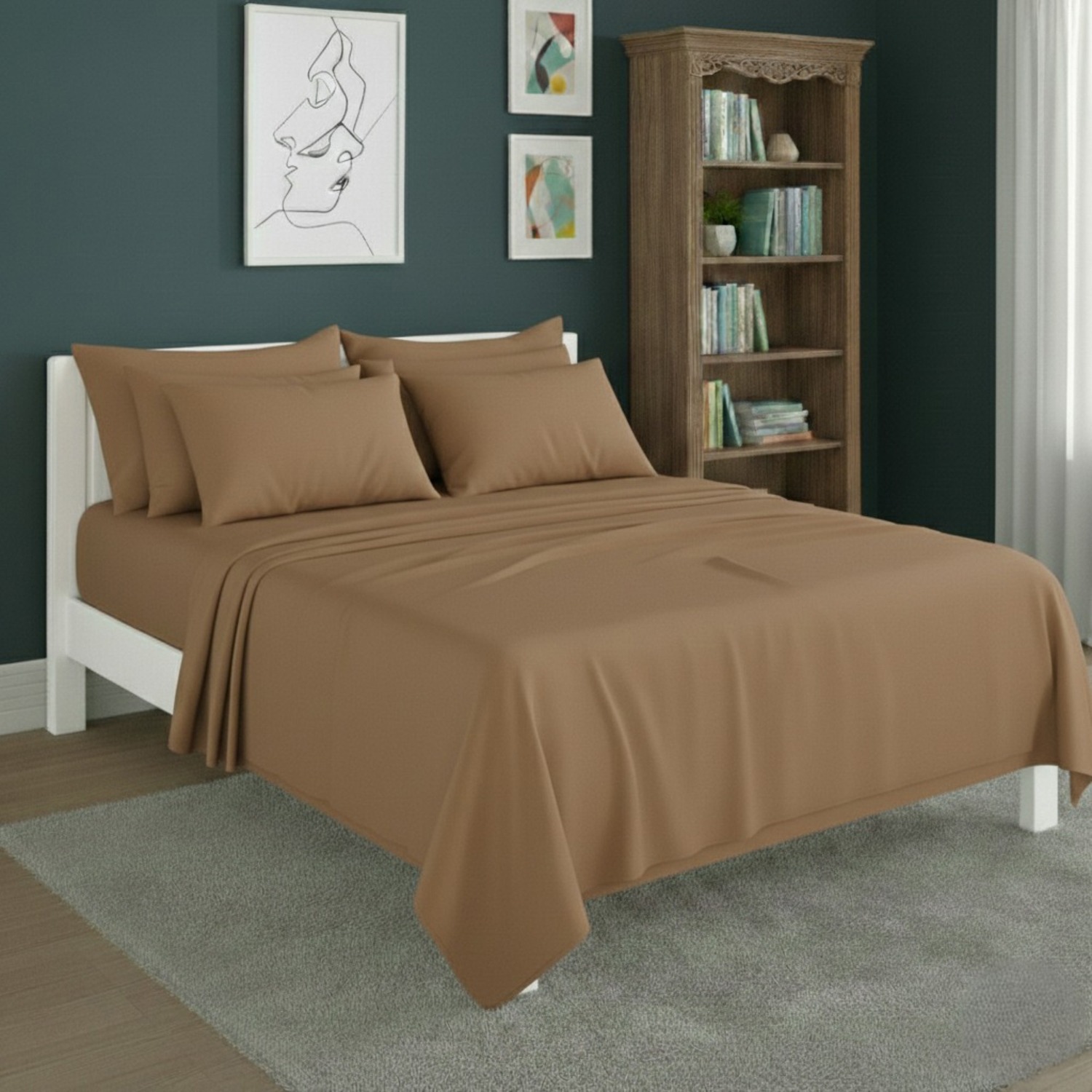 Snug City Plain Poly Cotton Easy Care Fitted Flat Sheet Matching Pillowcases Set in Beige | Size: Single