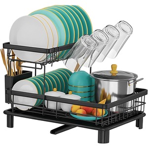 2-Tier Dish Drainer Rack with Drip Tray and Swivel Spout, Space Saving Draining Board Rack for Plate
