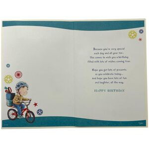 Nephew Age 4 Boy with Gifts Design Juvenile Birthday Card with Badge