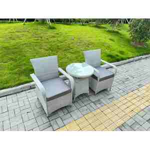 Fimous 3-Piece PE Rattan Bistro Set with Round Glass Table & 2 Chairs Light Grey