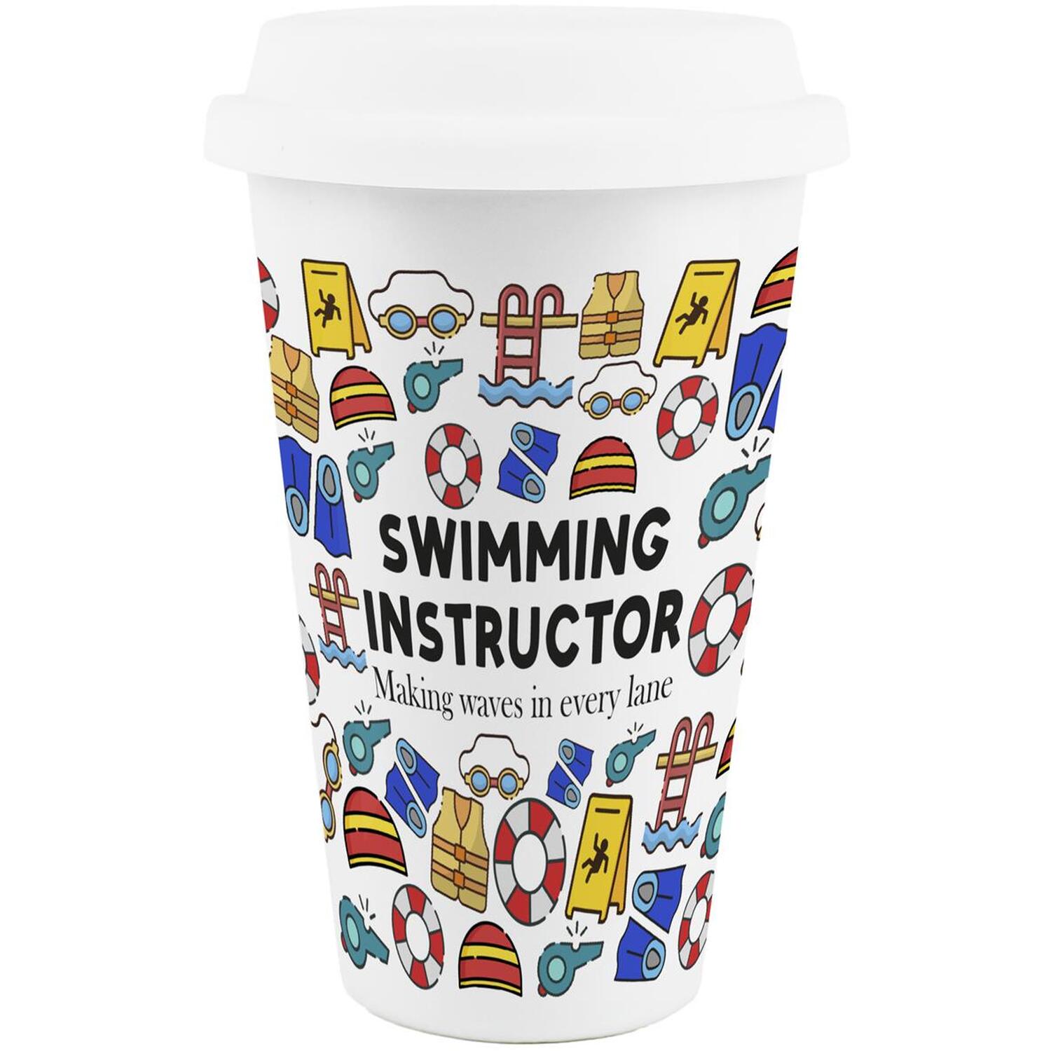 Purely Home Novelty Swimming Instructor Ceramic Travel Mug - Reusable Drinks Cup Gift - White