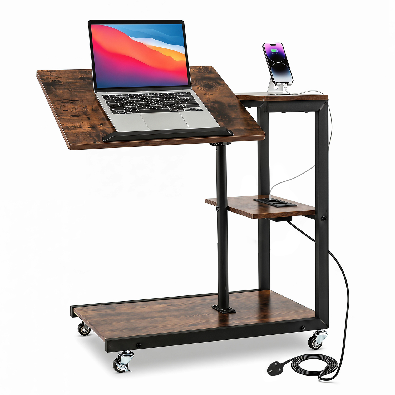 Costway Height Adjustable C Table With Charging Station - Brown