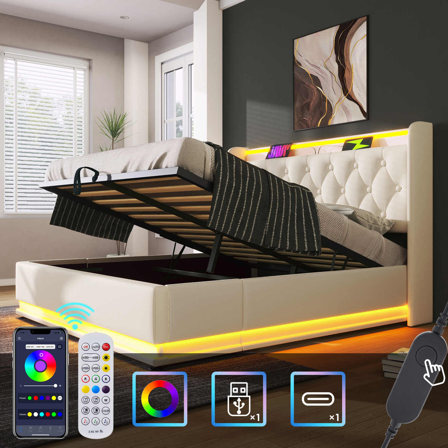 Aka Pu Ottoman Storage Bed With 360° Led & Charging - White