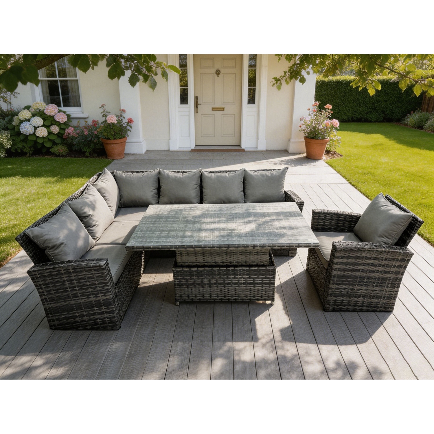 Rackhams High Back Pe Rattan Corner Sofa Set Garden Furniture Adjustable Rising Lifting Table Set With Chair - Image 2