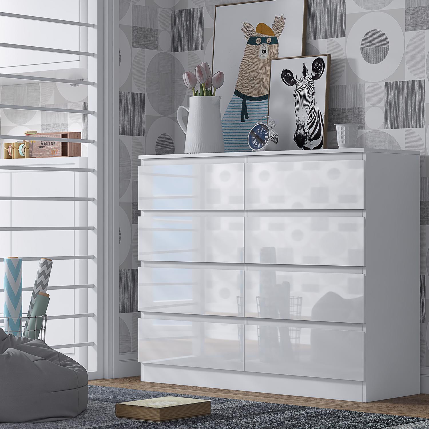 Fwstyle 8 Drawer Chest Of Drawers High Gloss Bedroom Storage Furniture - High Gloss White