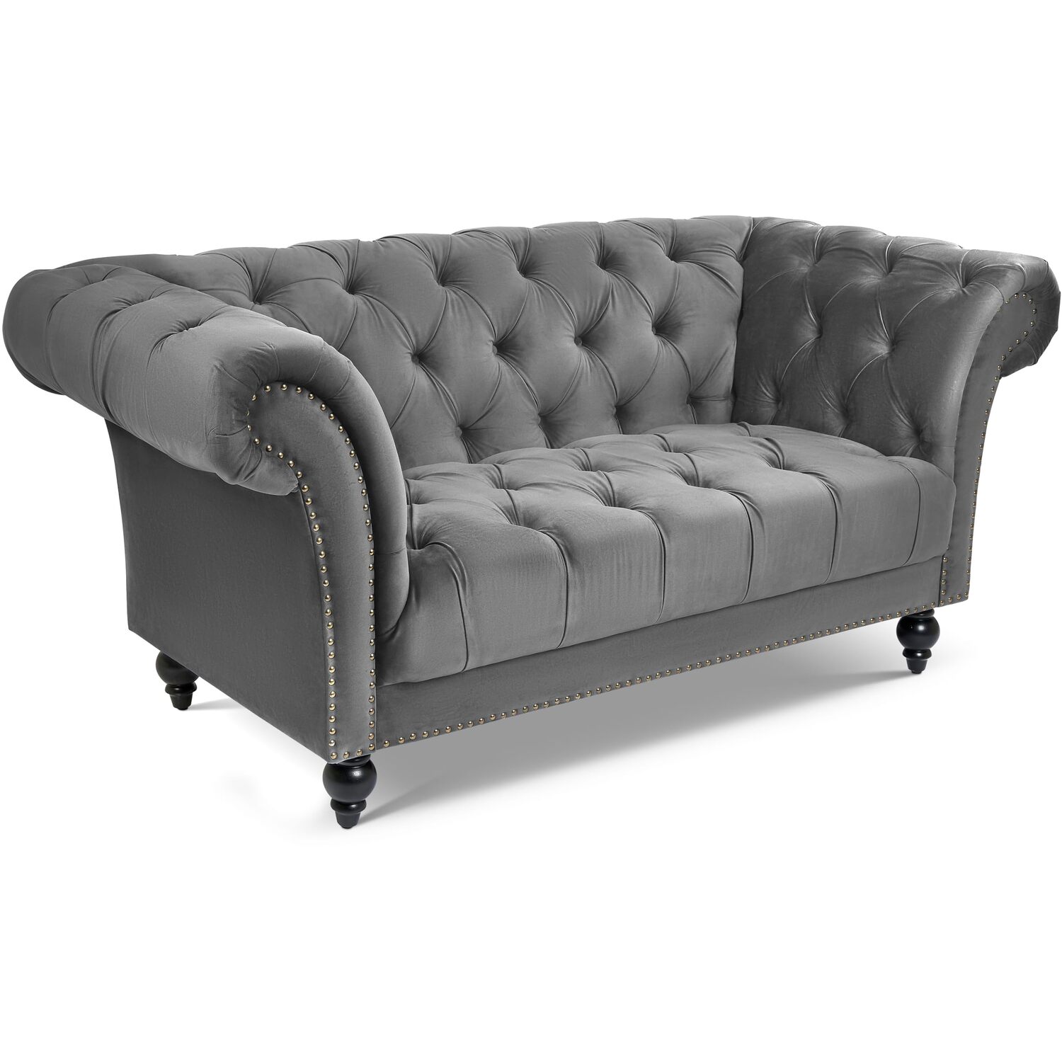 Bravich Chesterfield Rolled Arm Velvet Sofa - Grey