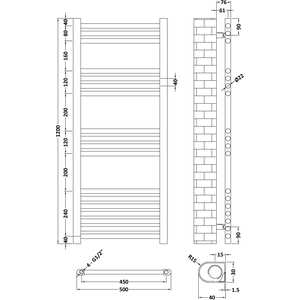 Balterley Round Straight Towel Radiator - 500 x 1200mm - Matt Black