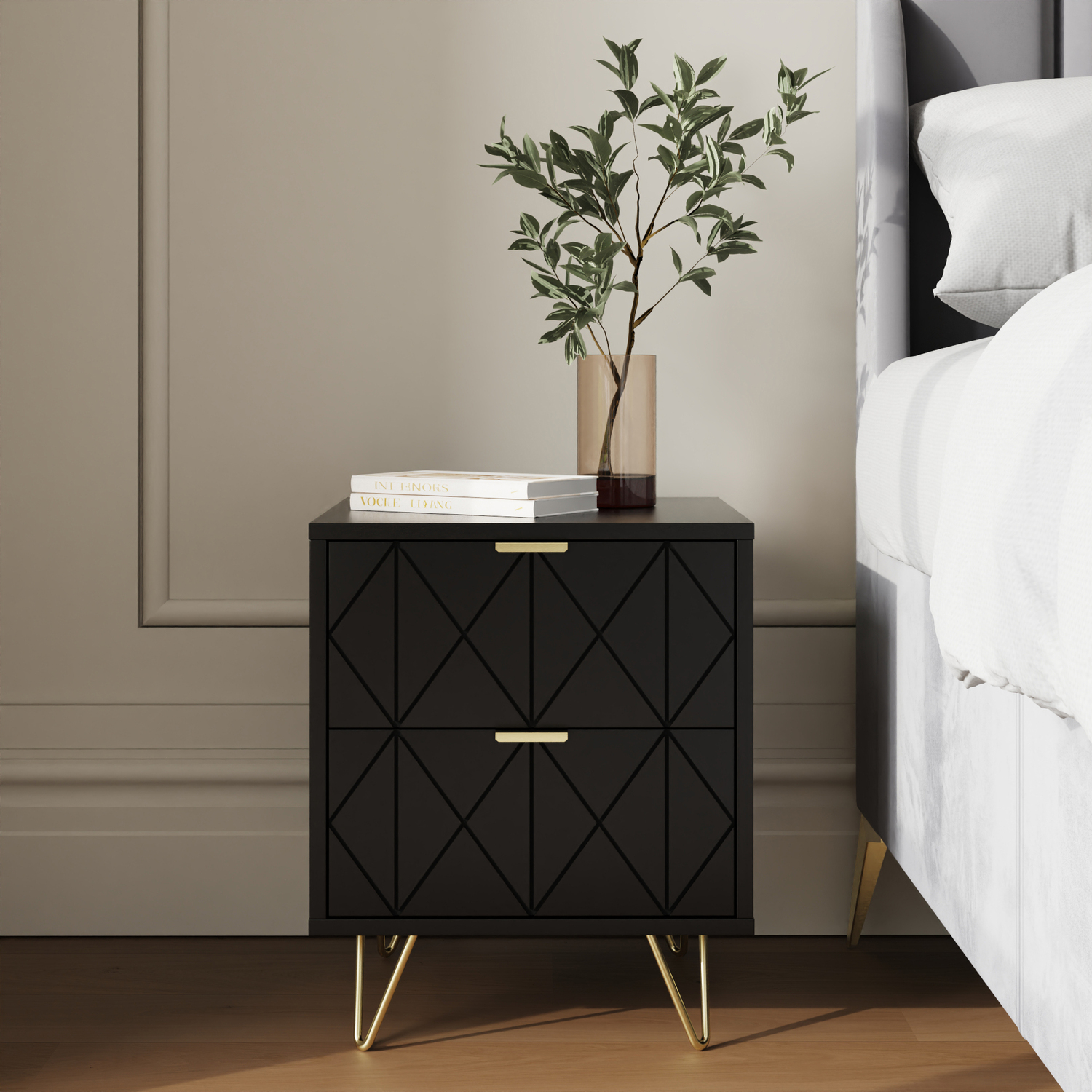 GFW Alora 2 Drawer Bedside Table Pair in Black with Gold Accents and Geometric Drawer Detail - Image 4
