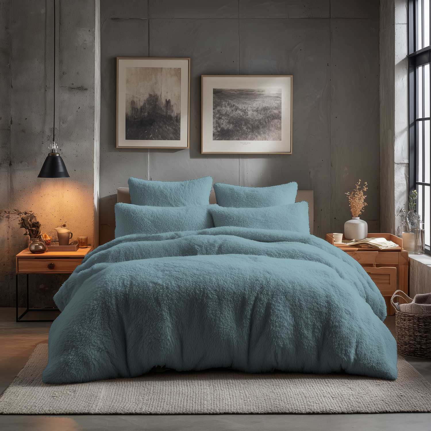 Snug City Teddy Bear Fleece Soft Cosy Duvet Cover + Pillow Case Set - Blue / Double