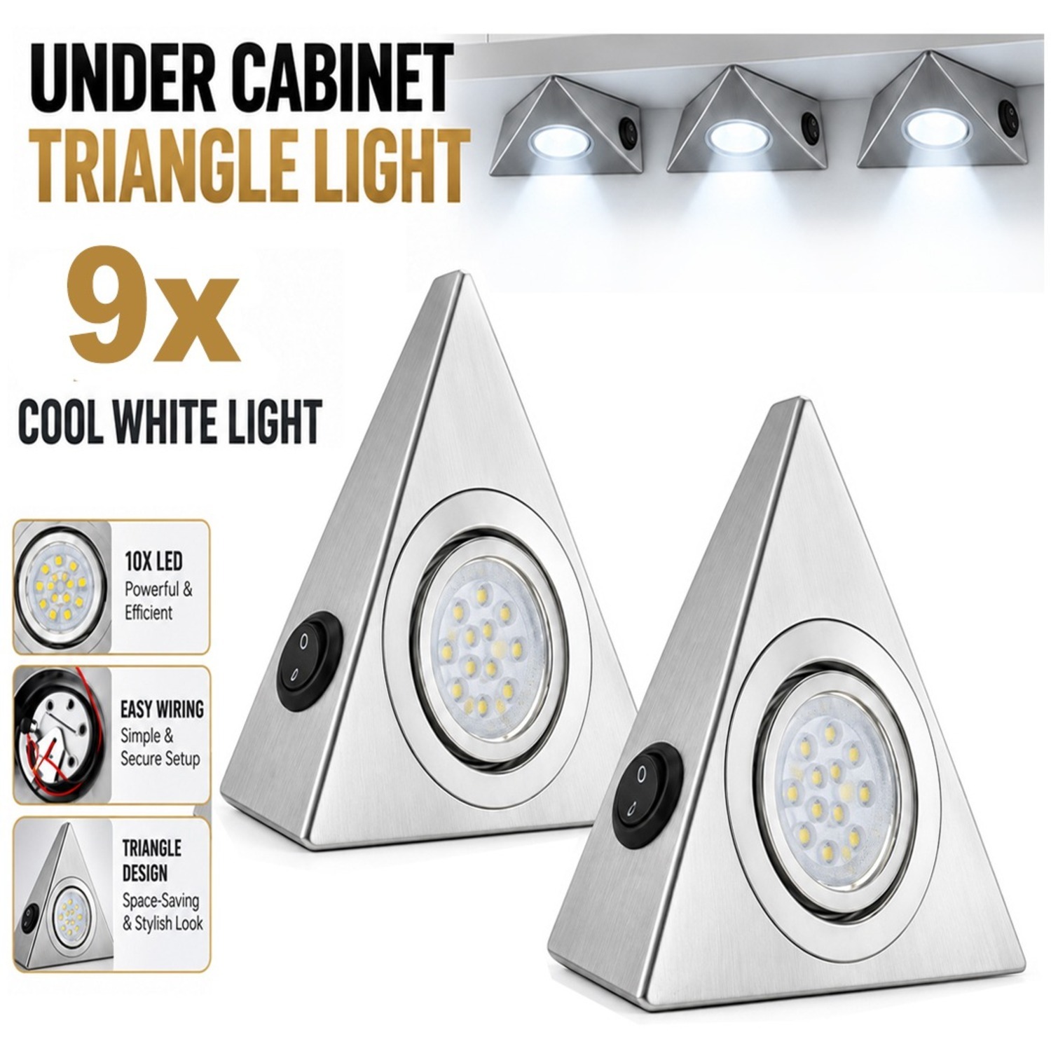 B&Q -  9 Pack Triangle Led Under Cabinet Lights Cool White Mains Powered Silver - Image 3