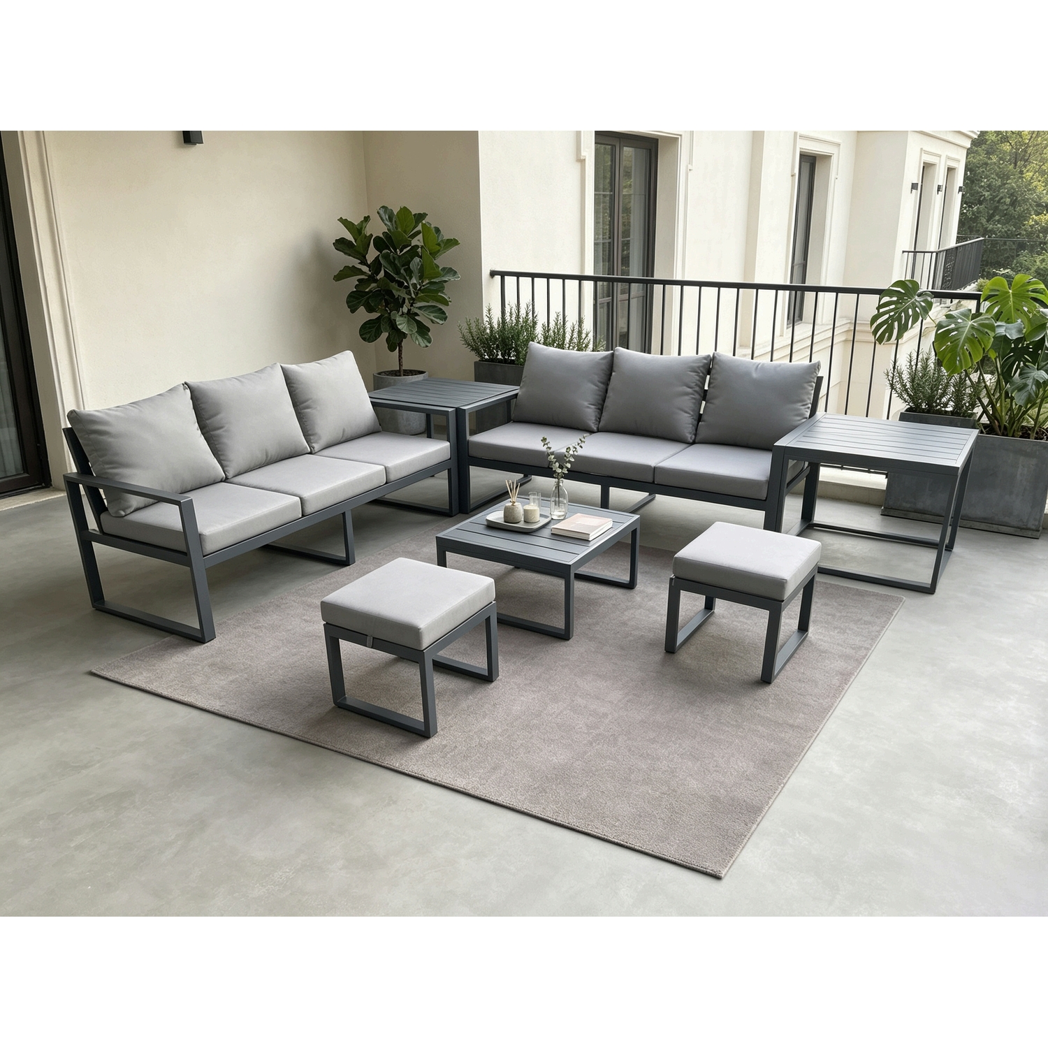 Fimous Aluminium 7 Pieces Garden Furniture Sofa Set With Cushions 8 Seater Outdoor Patio Set With Square Coffee Table 2 Small Footstools 2 Dark Grey - Image 3