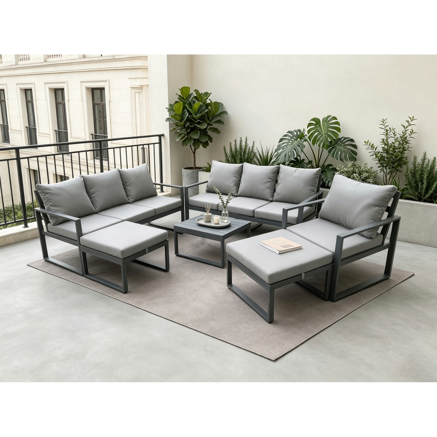 B&Q - Aluminium Outdoor Lounge Sofa Set Garden Furniture Sets With Square Coffee Table Chair 2 Big Footstools Dark Grey - Image 2