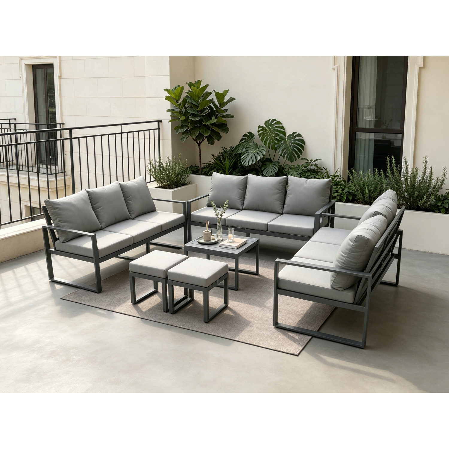 Rackhams Dark/Grey Aluminium 11 Seater Outdoor Garden Furniture Set Patio Lounge Sofa With Square Coffee Table 2 Small Footstools Conservatory Set - Image 2