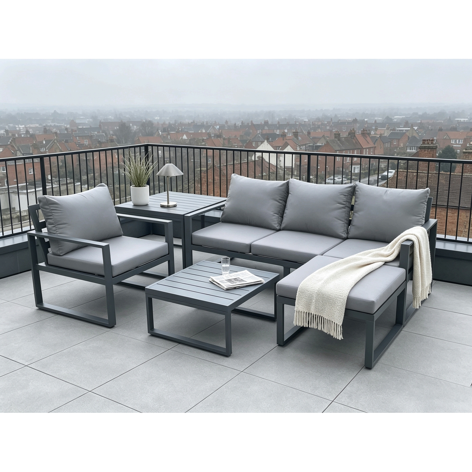 Rackhams Dark/Grey Aluminium Outdoor Garden Furniture Set Lounge Sofa Chairs Square Coffee Table Sets With Side Table Big Footstool Conservatory Set - Image 2