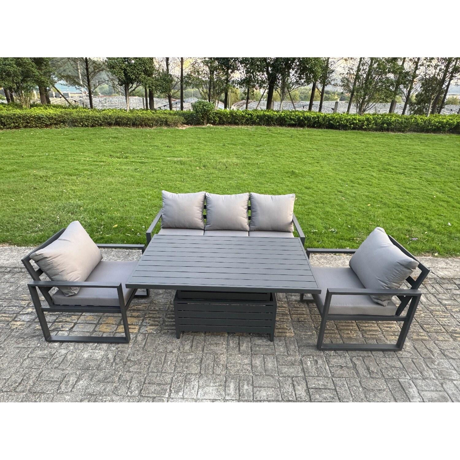 Rackhams Dark/Grey 4-Piece Aluminium Garden Furniture Sets 5 Seater Outdoor Sofa Set With Adjustable Rising Lifting Dining Table 2 Chairs - Image 3