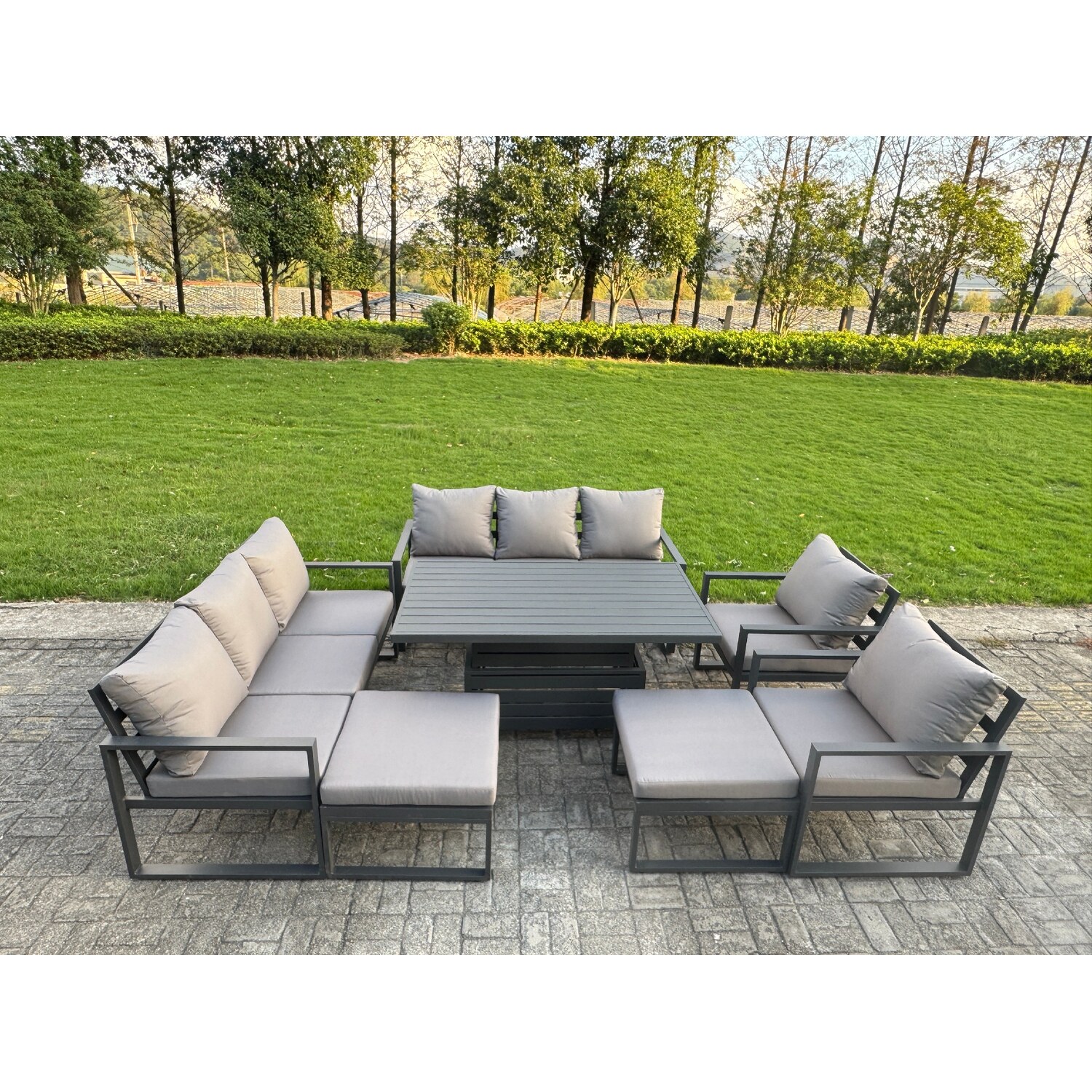B&Q - Garden Aluminium Furniture Set 10 Seater Outdoor Patio Adjustable Rising Lifting Dining Table With 2 Big Footstools - Image 3