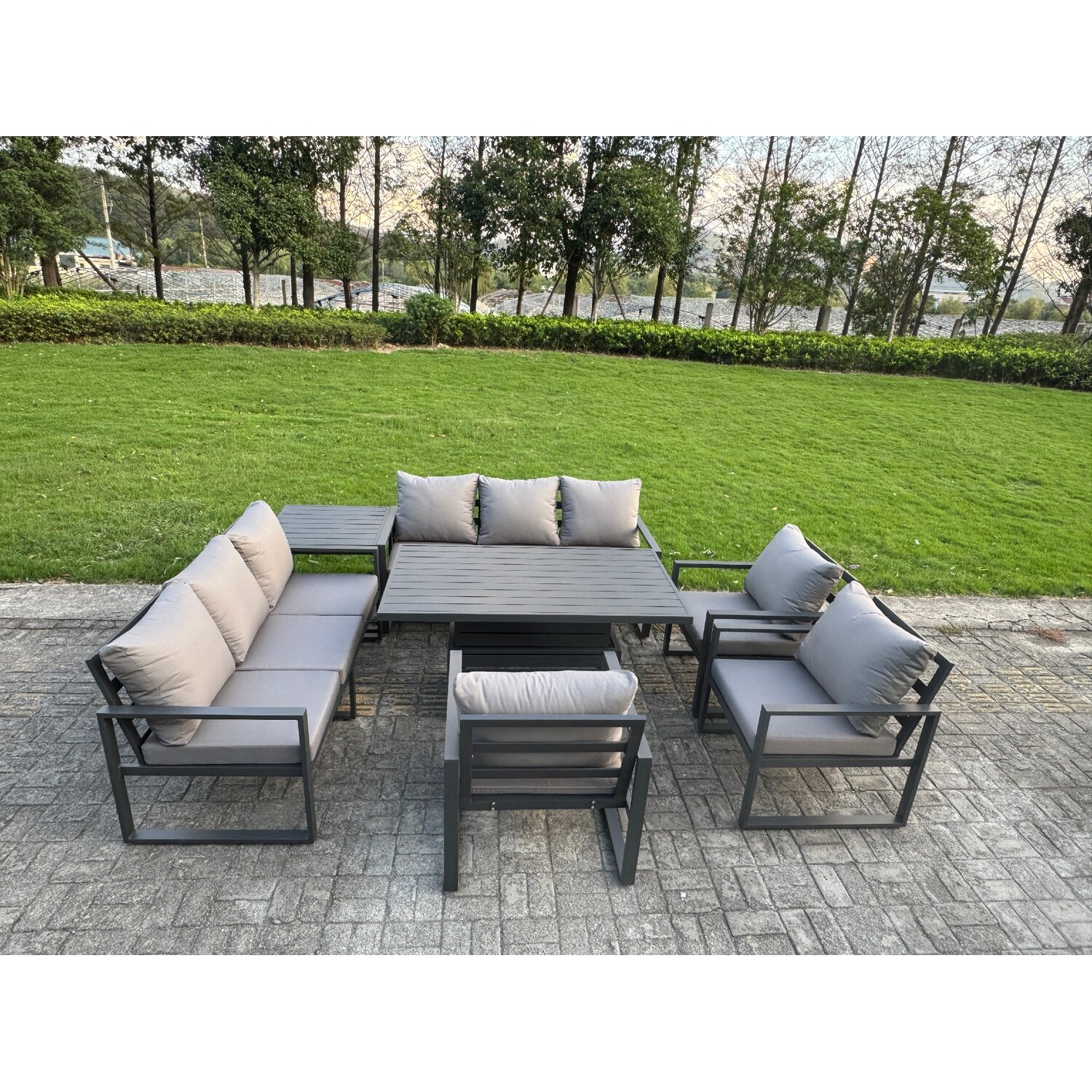 Fimous Grey 9 Seater Aluminium Garden Furniture Set With Adjustable Rising Dining Table, 2 Sofas, Side Table & 3 Chairs - Image 2