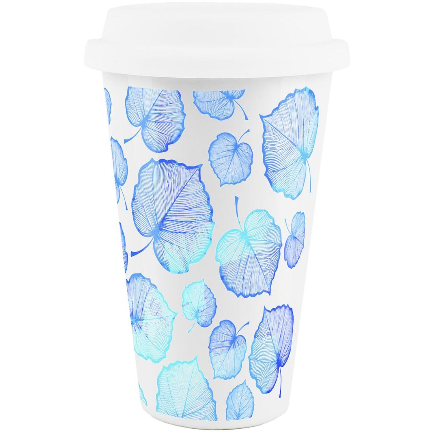 B&Q -  Delicate Winter Leaves Ceramic Travel MugBlue Foliage Reusable Silicone Lid Double-Walled Insulated Hot/cold Drinks Gift Mug - Image 3