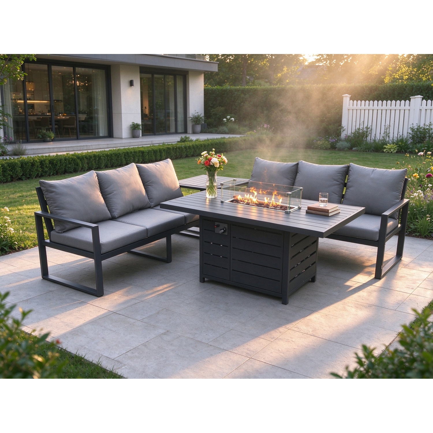 Rackhams Dark/Grey Aluminium 6 Seater Outdoor Garden Furniture Lounge Sofa Set Gas Fire Pit Dining Table With Side Table - Image 2