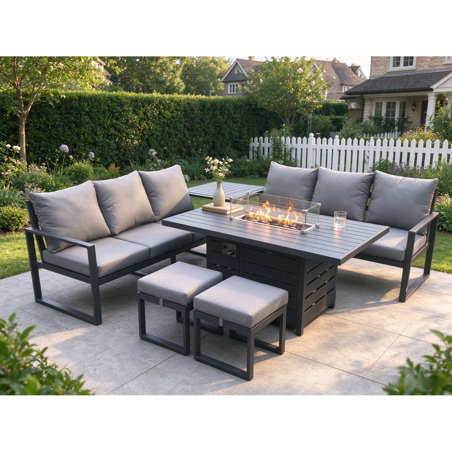 Fimous Unisex Dark Grey Aluminium 8 Seater Outdoor Garden Furniture Lounge Sofa Set Gas Fire Pit Dining Table With 2 Footstools In Small - Image 2