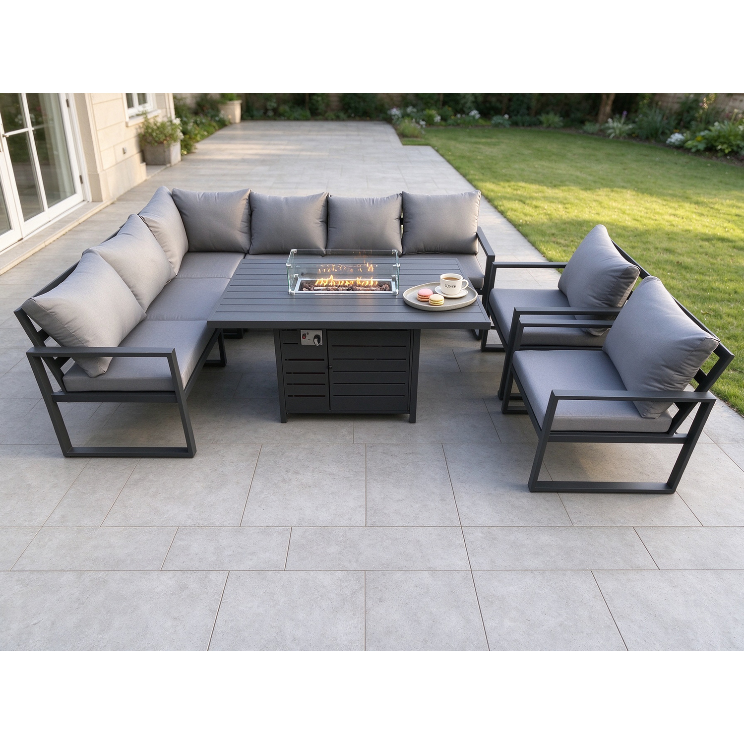 Rackhams Dark/Grey Aluminum Outdoor Garden Furniture Set Corner Sofa 2 Pc Chairs Gas Fire Pit Dining Table Set Gas Heater Burner 8 Seater - Image 2