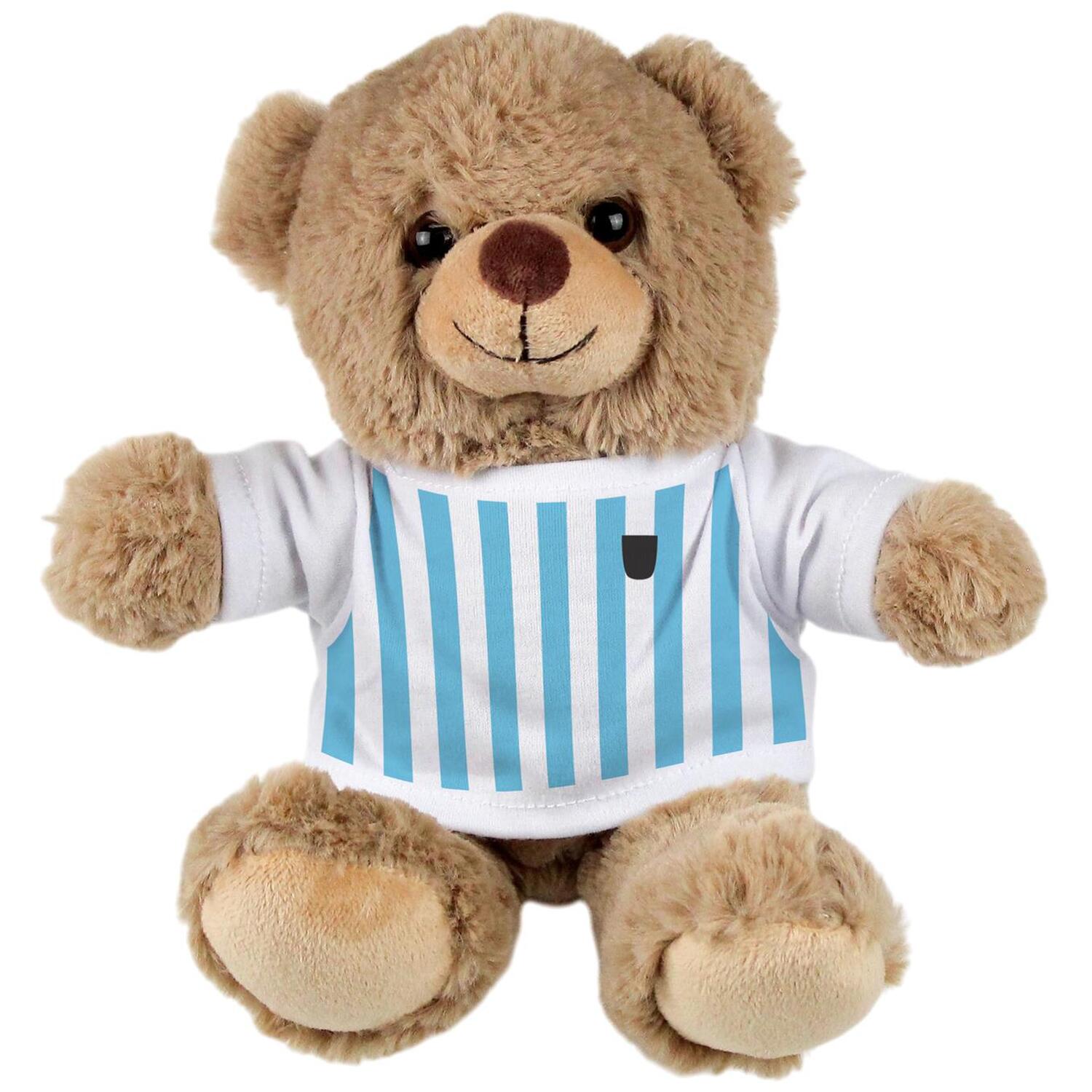 Football Teddy Bear - Light Brown Bear Gift with Sky Blue & White T-Shirt - Image 2