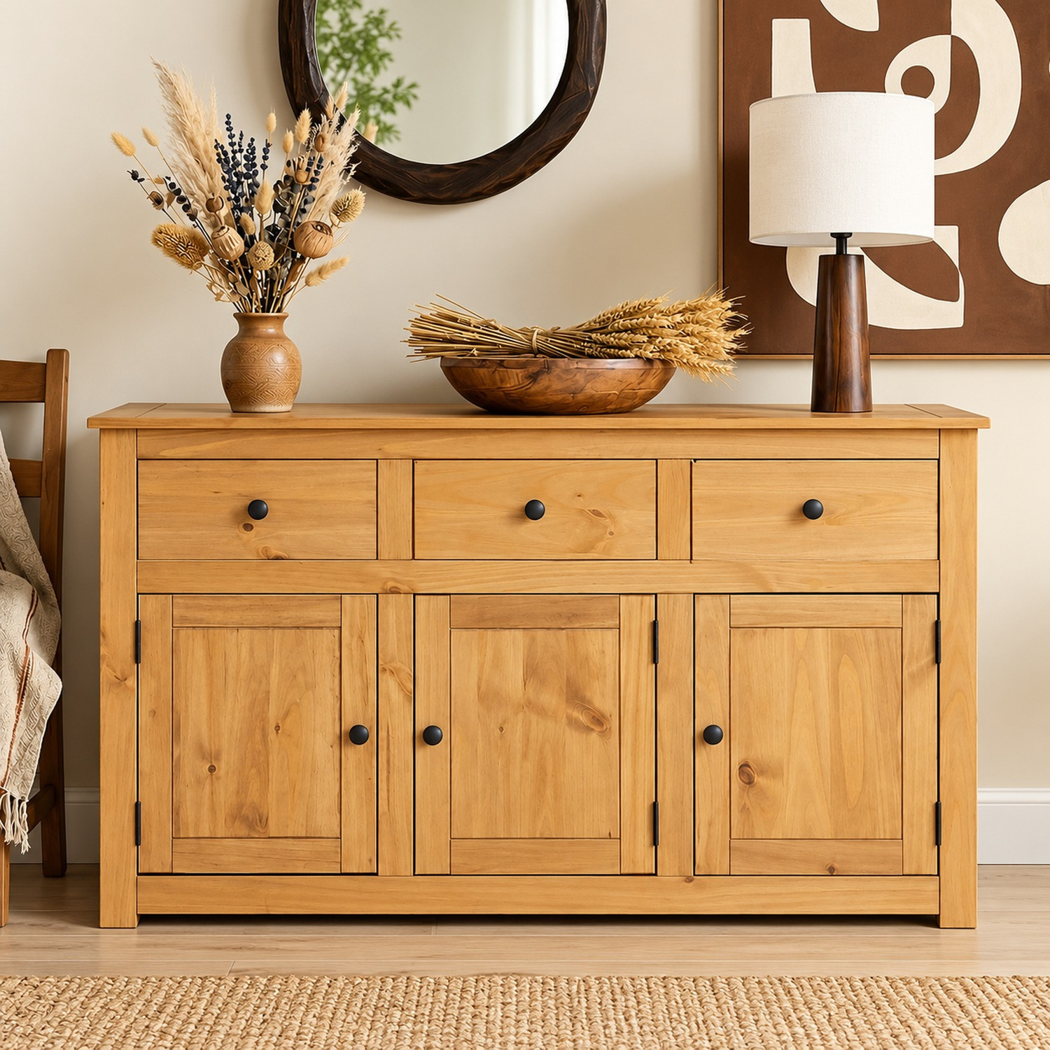 Mews Panama 3 Door 3 Drawer Country Sideboard Cabinet Solid Pine Light Fiesta Wax - Image 2