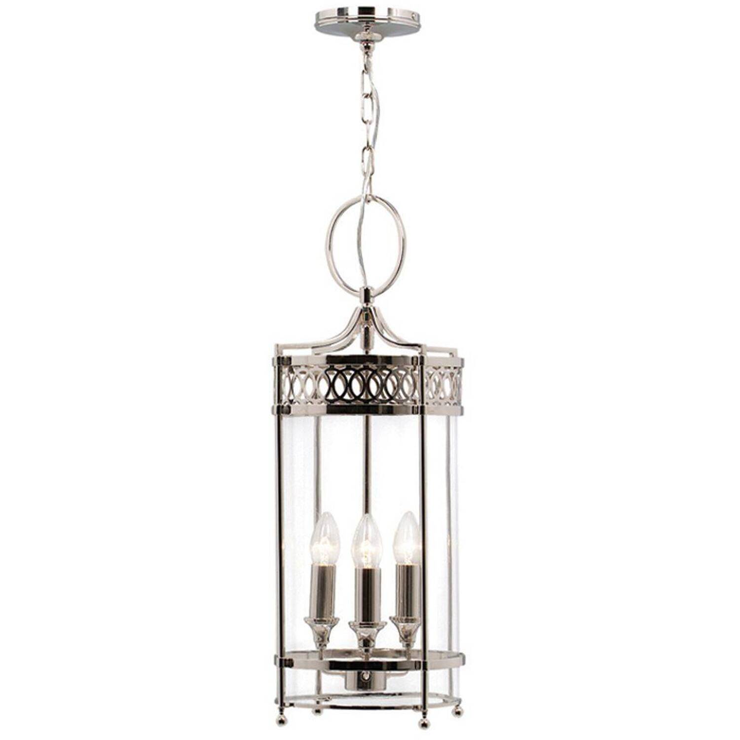 Guildhall 3 Light Ceiling Lantern Pendant Polished Nickel, E14 - Polished Nickel