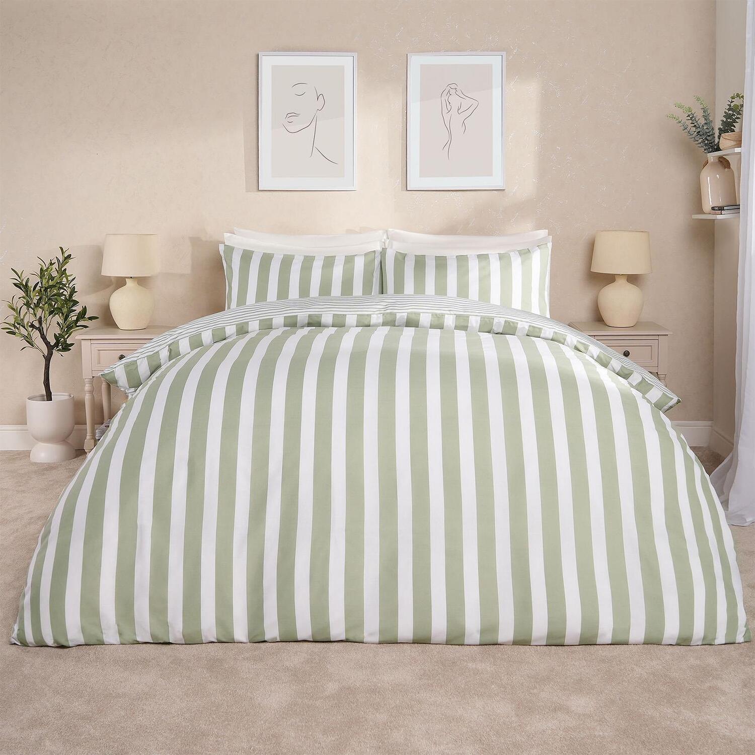 Stripe Line Reversible Duvet Cover - Sage King