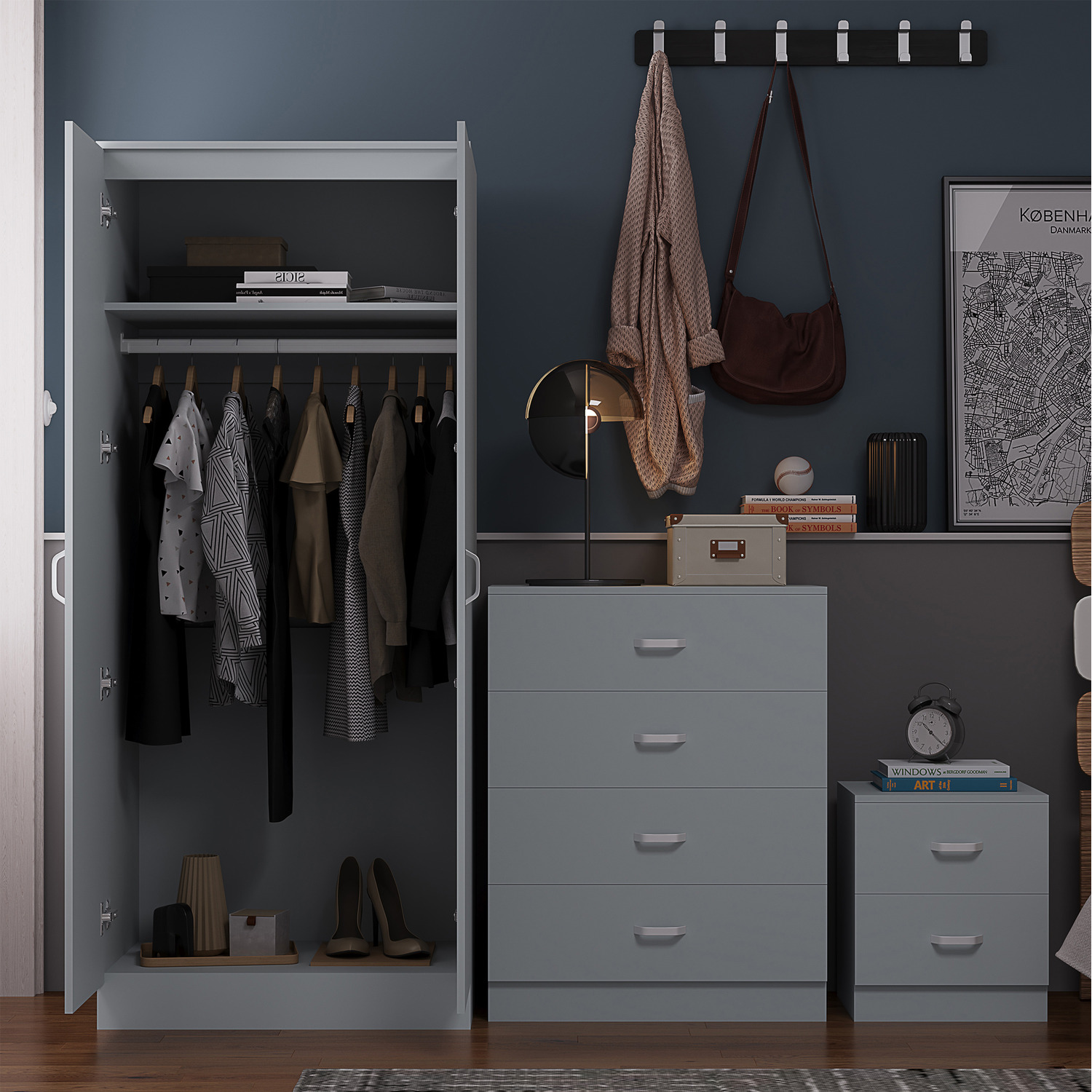 Black White Grey 2 Door Double Wardrobe Curved Metal Handles - Grey