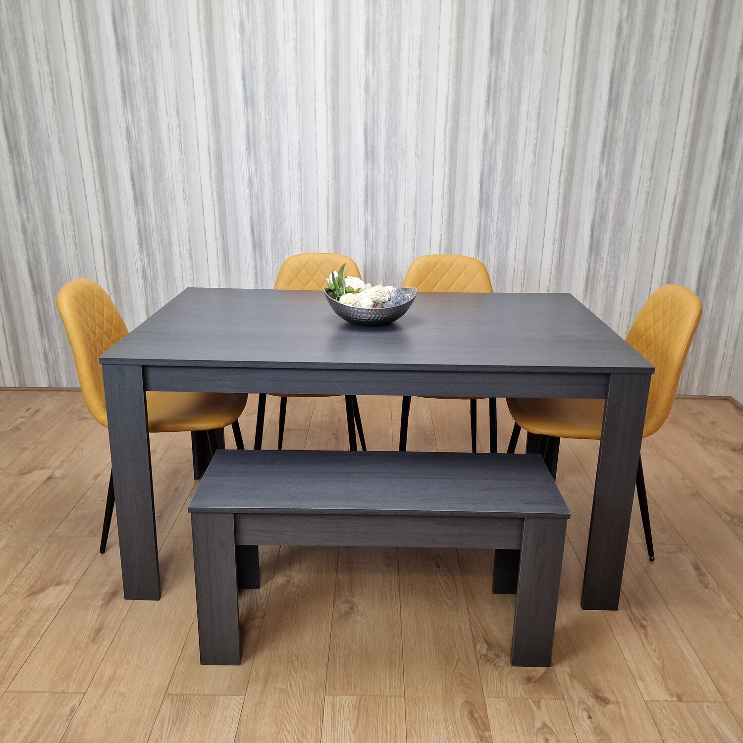 Grey Dining Table with 4 Stitched Mustard Chairs and 1 Bench Dining Set