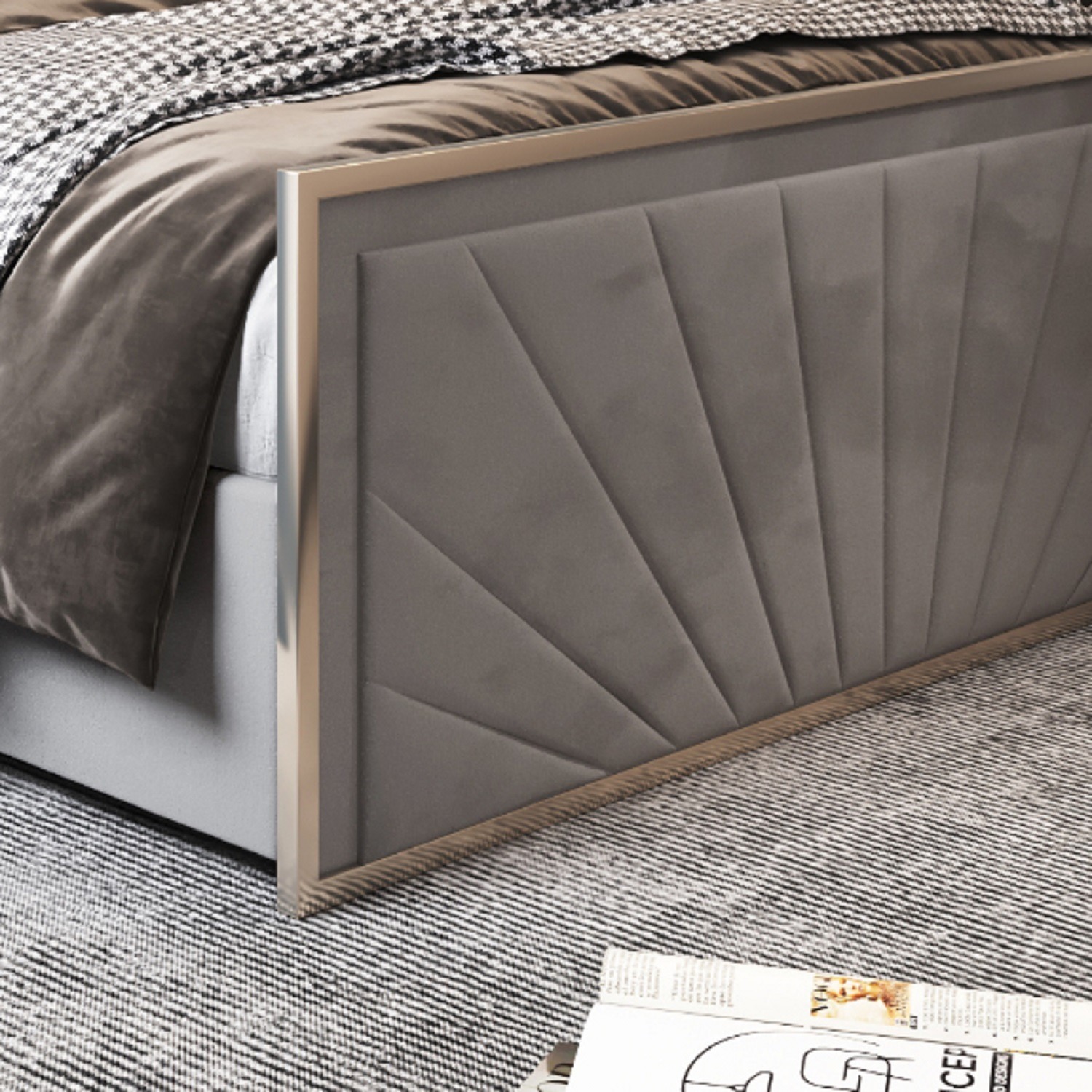 Roxy Upholstered Soft Velvet Metal Bed Frame - Grey Double