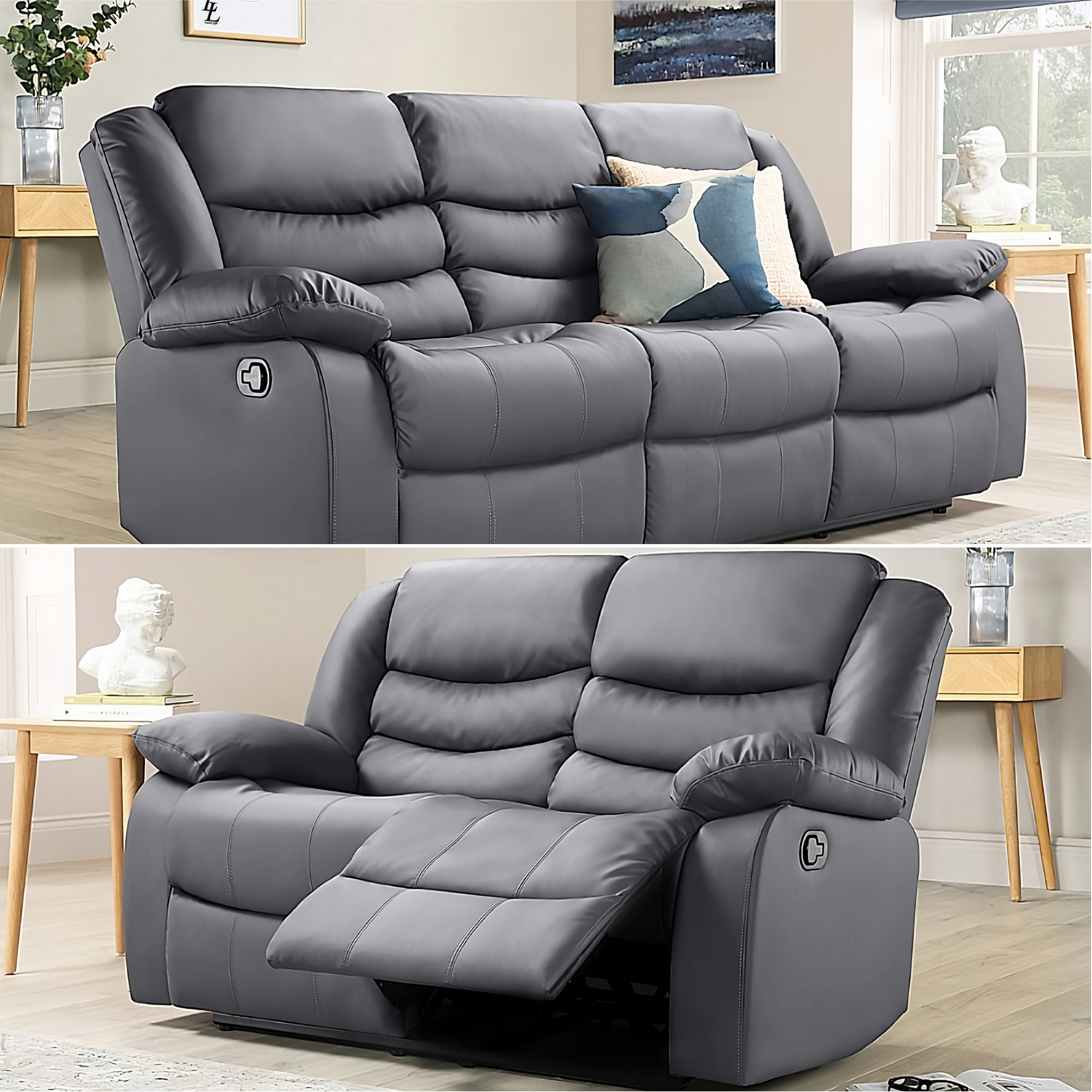 ECO LIVING - Recliner Sofa Set 3 Plus 2 - Leather Grey thumbnail