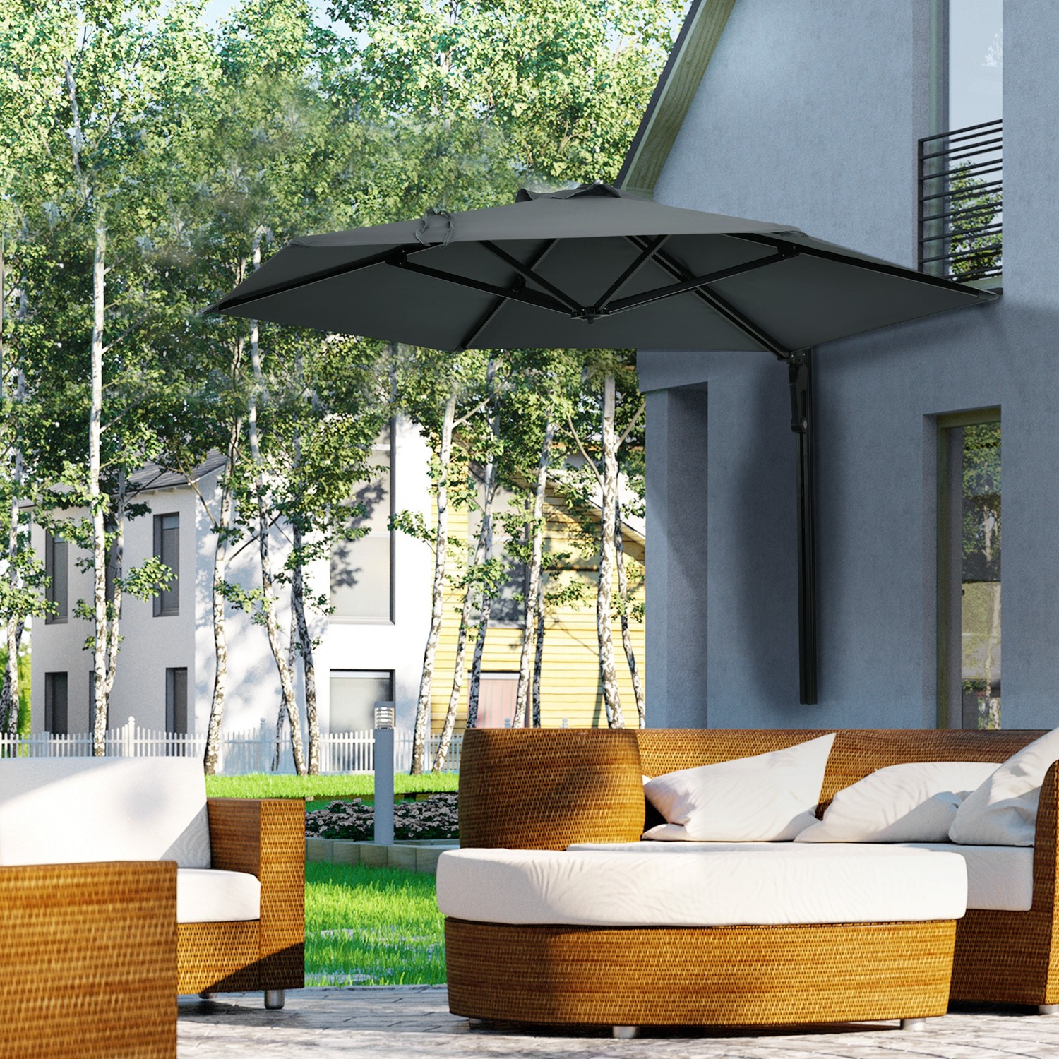Outsunny - Wall Mounted Parasol with 180 Degree Rotatable Canopy for Outdoor - Grey thumbnail